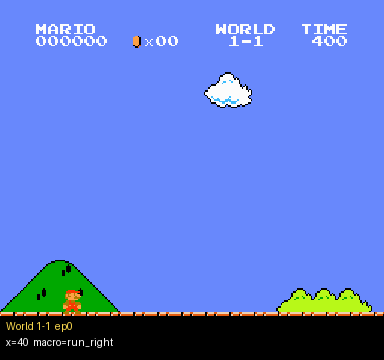 Super Mario Bros World 1-1 episode with live x position and macro action overlay