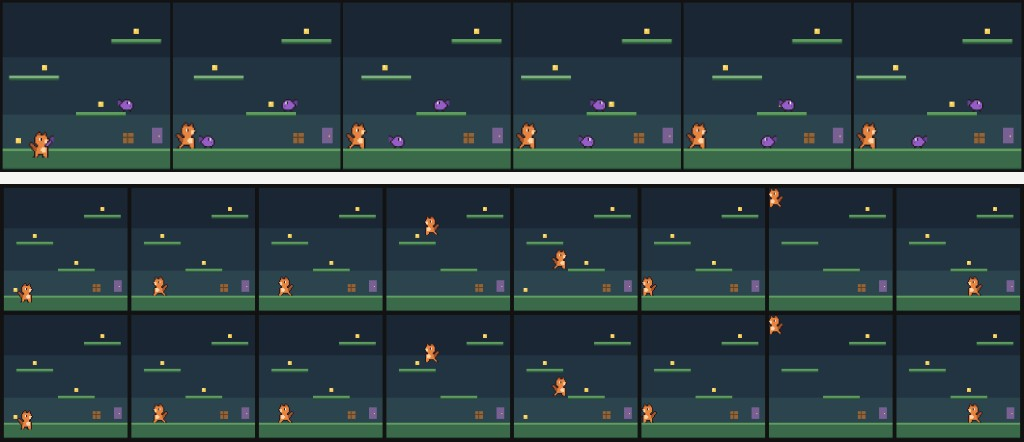 Pixel-art platformer: imagined rollout strip above, ground-truth versus reconstruction grid below, showing a small orange agent across platforms